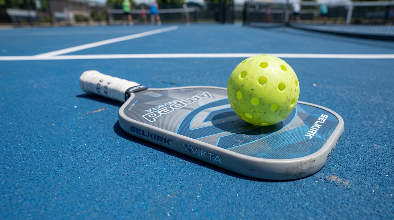 Pickleball paddle and ball on a blue court